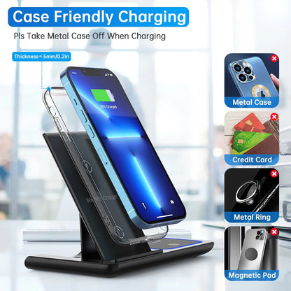 18W Fast Wireless Charging Station for iPhone 16/15/14/13/12/11/Pro Max/Plus, 3-in-1 Stand for Apple Watch Series SE 10/9/8/7/6/5/4/3 and AirPods Pro/3/2 with QC3.0 Adapter