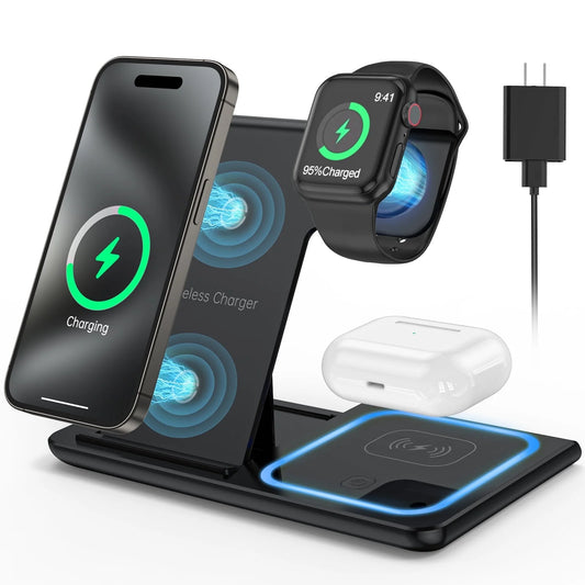 18W Fast Wireless Charging Station for iPhone 16/15/14/13/12/11/Pro Max/Plus, 3-in-1 Stand for Apple Watch Series SE 10/9/8/7/6/5/4/3 and AirPods Pro/3/2 with QC3.0 Adapter